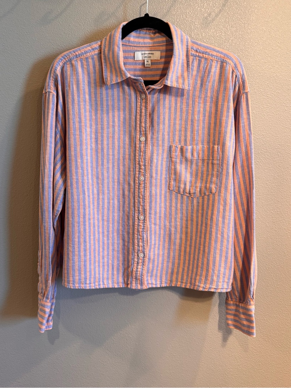 Banana Republic Cropped Orange & Blue Striped Button-Down Shirt Linen Blend